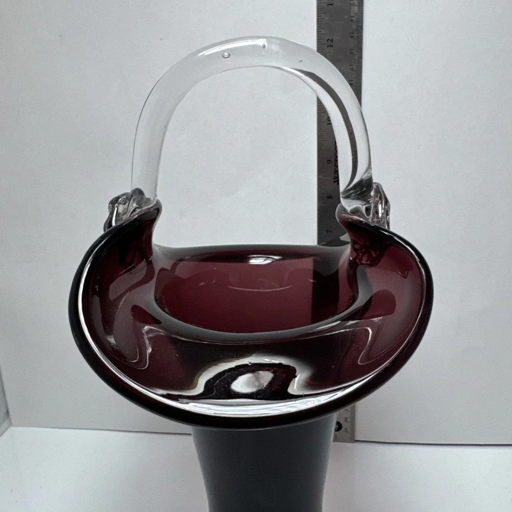 Vintage Purple and Clear Handblown Glass‎ Basket Vase 12 Inches